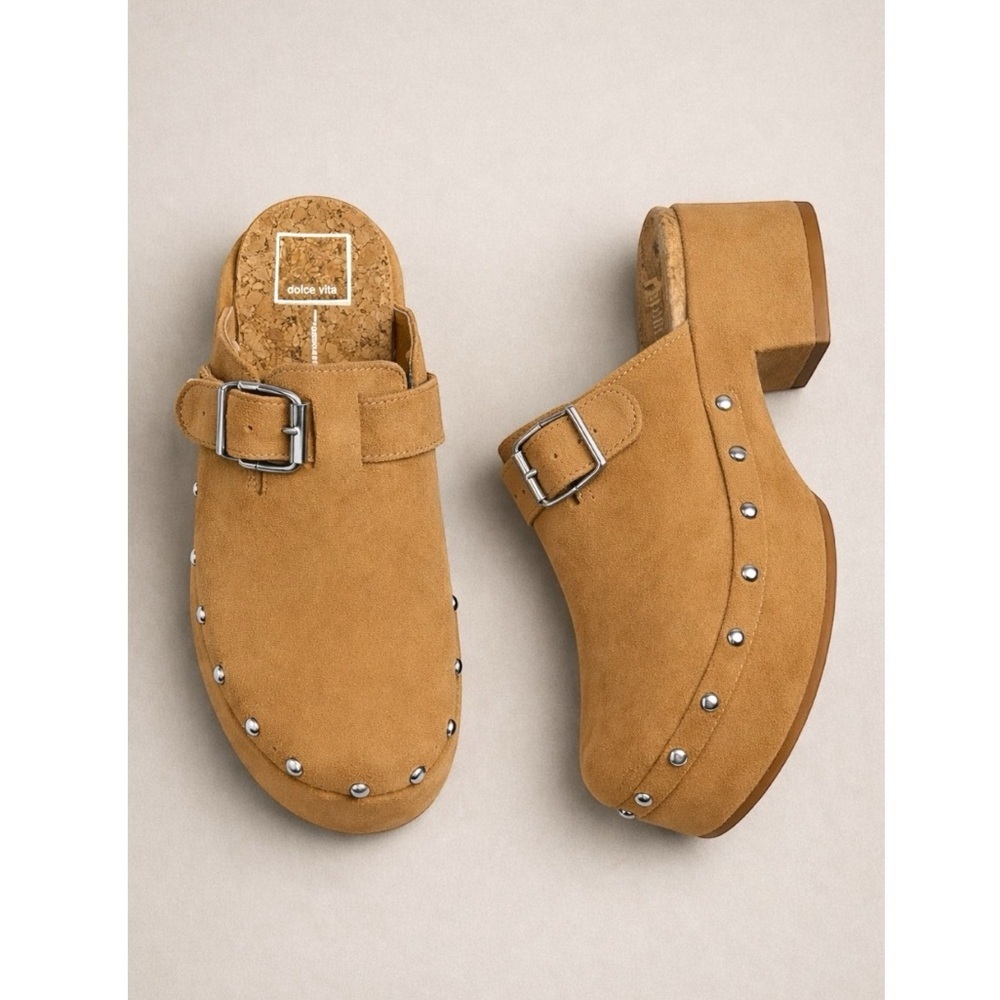 Anthropologie Dolce Vita Suede Yevan Tan Buckle Studded Mule Clogs
